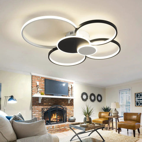 Modern living room with 6 Ring Black LED Ceiling Light Fixture With Remote Control 60W Dimmable Flush Mount Chandelier installed