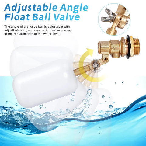 Adjustable 3/4 inch brass float valve with auto fill mechanism for pool and pond water level control in action.