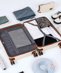 Cosbarn 5-piece ABS hard-shell luggage set with spinner wheels; beige suitcases opened to show gray interiors