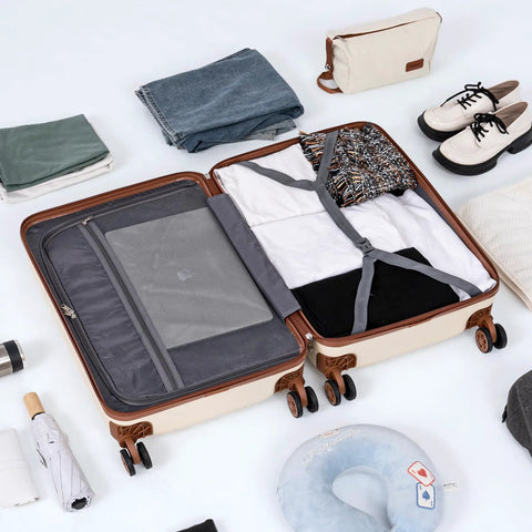 Cosbarn 5-piece ABS hard-shell luggage set with spinner wheels; beige suitcases opened to show gray interiors
