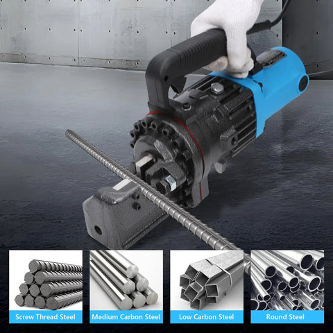 Heavy Duty 7/8 Inch Electric Hydraulic Rebar Cutter with cutting rebar in hand, showcasing steel types and quick cutting speed.