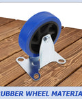 Hassle Free Heavy Duty Directional Plate Casters Featuring 5 Inch Black Rubber Wheels And Silent Non Swivel Design For Dead Simple Rolling On Trolleys Workbenches And Shop Carts, close-up of blue rubber wheel.