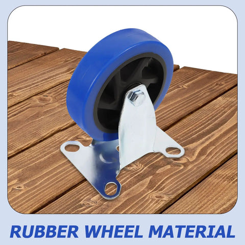 Hassle Free Heavy Duty Directional Plate Casters Featuring 5 Inch Black Rubber Wheels And Silent Non Swivel Design For Dead Simple Rolling On Trolleys Workbenches And Shop Carts, close-up of blue rubber wheel.