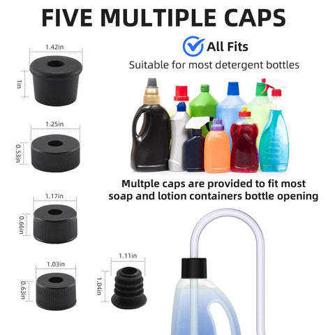 47 Inch Under Counter Sink Soap Dispenser Extension Tube Kit With Upgraded Metal Check Valve with five cap sizes shown