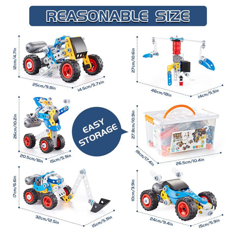 Cool Five In One STEM Building Kit With Electric Motor For Kids Aged Six To Twelve Hands On Construction Toys For Boys And Girls 113 Pieces DIY Educational Toy Set For Future Engineers showing five model sizes and storage box
