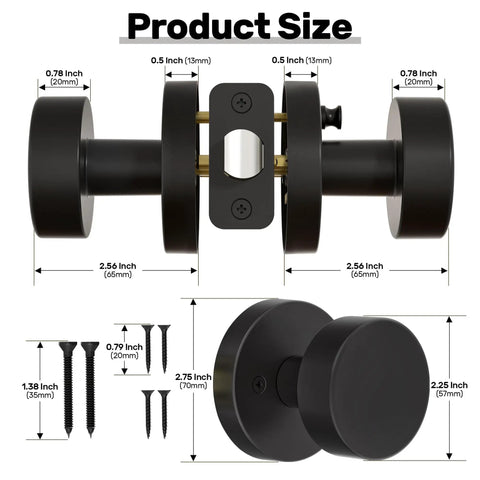 Matte Black Privacy Door Knob With Lock, Built To Last Heavy Duty Round Vintage Interior Door Handle dimensions