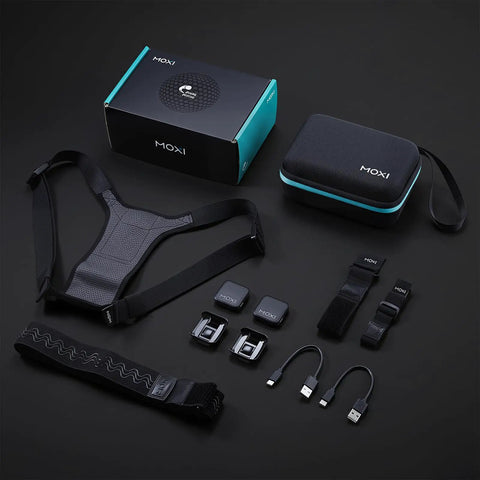 SwingMotion Golf Swing Trainer And Analyzer With Dual Wearable IMU Sensors kit layout on black surface