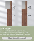 Diagram showing door prep for concealed barn door hardware kit with soft close, indicating groove and screw placement for invisible track mounting.