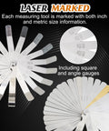 Ryetvok stainless steel feeler gauge set with 48 blades (16 angled, 32 straight); laser-etched inch/metric marks.