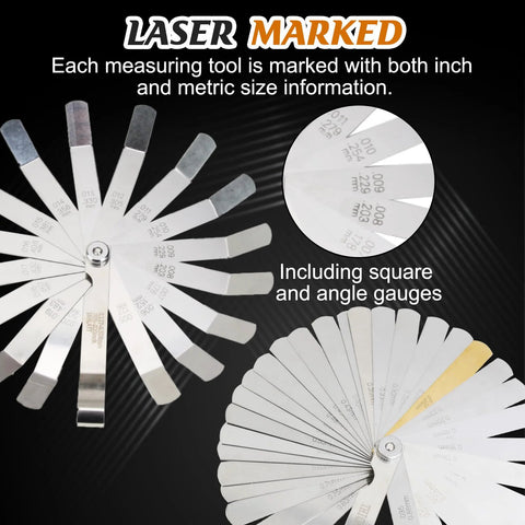 Ryetvok stainless steel feeler gauge set with 48 blades (16 angled, 32 straight); laser-etched inch/metric marks.