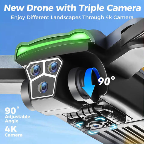 Pro Grade 4K Camera GPS Drone with three cameras and adjustable 90° lens detail, highlighting features for photography.