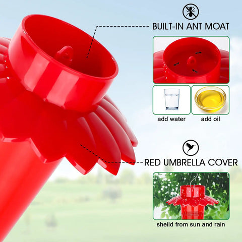 Close-up of Red Hummingbird Feeder For Outdoors Hanging 2 Pack 10 Oz With 6 Feeding Ports And Perch No Mess Built In Ant Moat