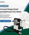 Universal SM550 Bathroom Exhaust Fan Motor Replacement Kit with blade, plug, and motor details visible, 120V 3000 RPM 50 CFM.
