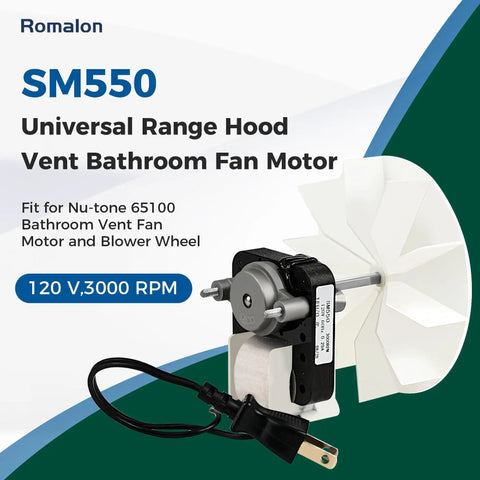 Universal SM550 Bathroom Exhaust Fan Motor Replacement Kit with blade, plug, and motor details visible, 120V 3000 RPM 50 CFM.
