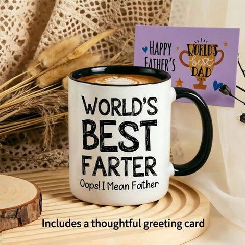 Funny 11oz Ceramic Coffee Mug For Dad, Double Sided Design Humor Gift For Fathers, with greeting card.