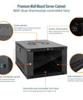 Heavy Duty 6U Wall Mount Server Rack With Smart Thermostat Cooling Dual Quiet Fans Lockable Glass Enclosure Quick Snap Setup Fits 19 Inch Gear Tight Room 17 7 Inch Depth showing top and side features for cooling and access.