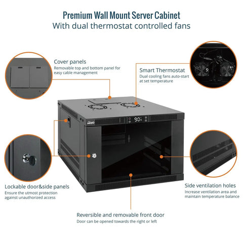 Heavy Duty 6U Wall Mount Server Rack With Smart Thermostat Cooling Dual Quiet Fans Lockable Glass Enclosure Quick Snap Setup Fits 19 Inch Gear Tight Room 17 7 Inch Depth showing top and side features for cooling and access.