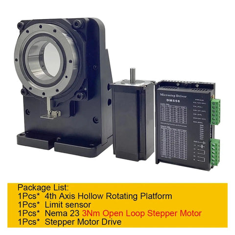 Four Axis Cnc Electric Hollow Rotary Table With Slick Angle Dial And Dead On Accuracy For Heavy Duty Milling Cutting And Visual Inspection 400W Pulse Servo Kit 18 To 1 Gear Ratio with stepper motor and driver.