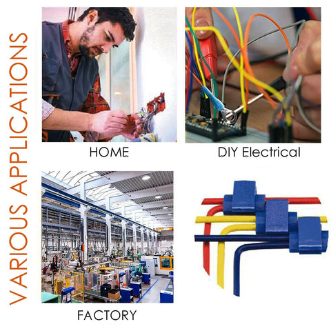 Must Have 125 Pack Solderless Quick Splice Wire Connectors Kit shown in home, DIY electrical, and factory settings.
