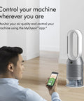 Man uses smartphone app to control Dope All In One Air Purifier Humidifier And Cooler For A Healthier Home with HEPA H13 filter.