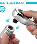 Smooth As Butter Extra Long Handle 1/2 Inch Drive 90 Tooth Ratchet Wrench with quick-release design and comfort grip.