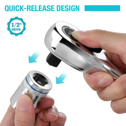Smooth As Butter Extra Long Handle 1/2 Inch Drive 90 Tooth Ratchet Wrench with quick-release design and comfort grip.