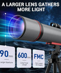 Close-up of Beginner Friendly 90mm Refractor Telescope With 600mm Focal Length 180x Magnification Phone Adapter Tripod