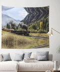 Locomotive Train Wall Tapestry Print For Bedroom Living Room Dorm with smoke-filled classic scene, 60 by 51 inch, on wall above sofa