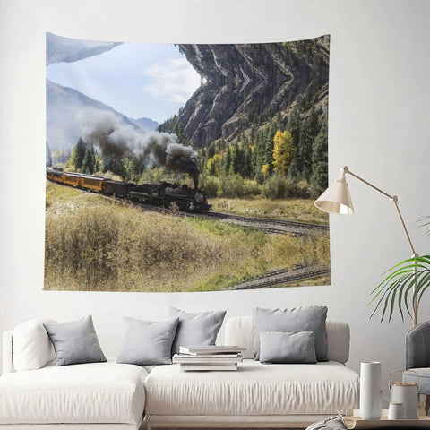 Locomotive Train Wall Tapestry Print For Bedroom Living Room Dorm with smoke-filled classic scene, 60 by 51 inch, on wall above sofa