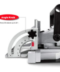 Close-up of angle knob on No Frills 8.5 Amp Biscuit Jointer with adjustable fence for precise cuts.