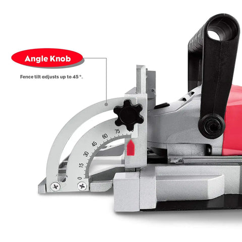 Close-up of angle knob on No Frills 8.5 Amp Biscuit Jointer with adjustable fence for precise cuts.