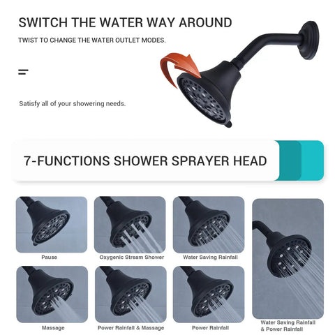 7-function high-pressure shower head modes from Matte Black Tub and Shower Faucet Set With Pressure Balance Valve, 7 Function High Pressure Shower Head, Diverter, Brass Rough In Included, Tub Spout, Premium Bath Trim Kit for a Modern, Easy Reno Upgrade.