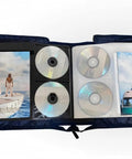 Open view of durable portable DVD CD Blu Ray storage case with extra wide title cover pages holds 192 discs blue carrying binder