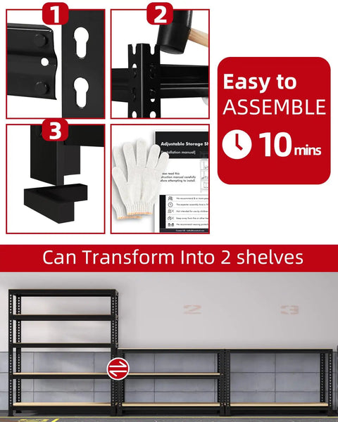 Beefy Heavy Duty Garage Storage Shelves Five Tier Metal Rack With 650 Lbs Per Shelf And 3250 Lbs Total Load Capacity Powder Coated Steel Frame With Thickened Wood Boards For Garage And Workshop, adjustable black metal shelving