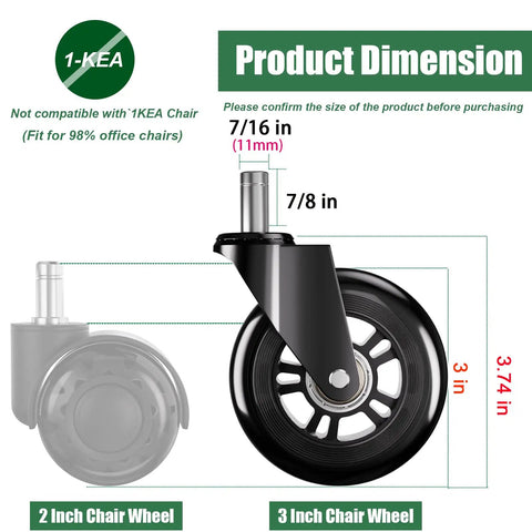 Office Chair Wheels 3 Inch Roller Blade Rubber Casters Replacement Set Of 5 Heavy Duty Quiet Glide dimensions illustration