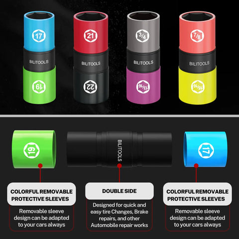 Flip Lug Nut Socket Set 1/2 Inch Thin Wall Impact Sockets for Fast Tire Changes with colored non-marring sleeves, eight sizes shown