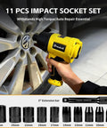 Badass Half Inch Air Impact Wrench Delivers 1750 Ft Lbs Of Serious Torque At 8000 Rpm To Easily Break Loose Jammed Bolts Along With A Full 10 Piece Socket Kit, featuring a yellow impact wrench and ten black sockets.