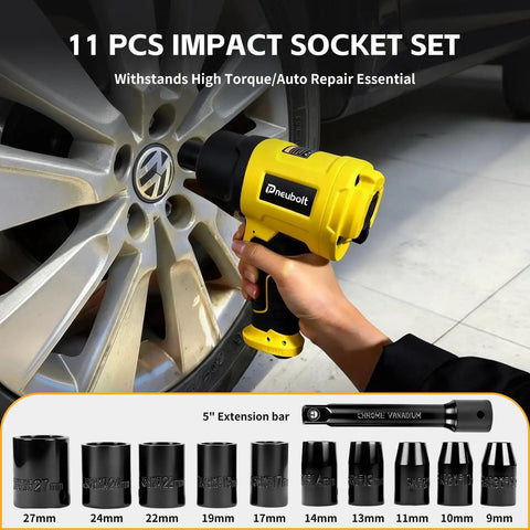 Badass Half Inch Air Impact Wrench Delivers 1750 Ft Lbs Of Serious Torque At 8000 Rpm To Easily Break Loose Jammed Bolts Along With A Full 10 Piece Socket Kit, featuring a yellow impact wrench and ten black sockets.