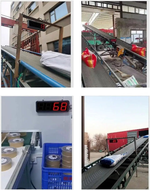 Hella Relentless Dual Laser Digital Counter Meter showing count 68 on conveyor in a production environment.