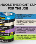 Different types of Scotch tape rolls for various surfaces, featuring original, general purpose, delicate surface, and rough surface tapes.