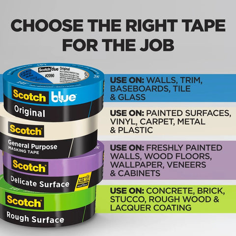 Different types of Scotch tape rolls for various surfaces, featuring original, general purpose, delicate surface, and rough surface tapes.