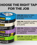 Different Scotch tapes labeled for specific surfaces including General Purpose Masking Tape 1.88 Inch By 60 Yard Great For Painting Edges.