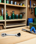 Rock Solid Mini Ratchet Wrench With 1/4 Inch Double Ended Reversible Socket displayed on a workbench with tools.