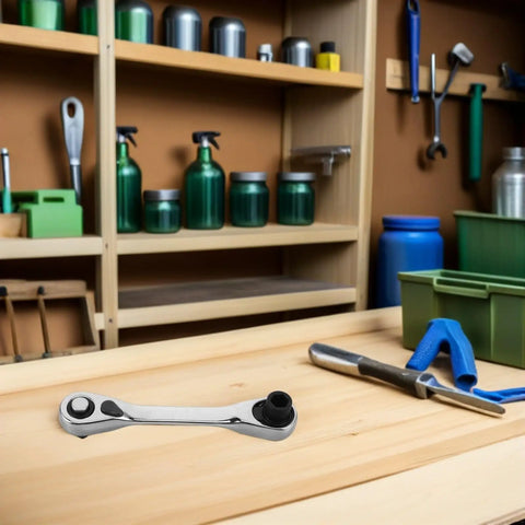 Rock Solid Mini Ratchet Wrench With 1/4 Inch Double Ended Reversible Socket displayed on a workbench with tools.