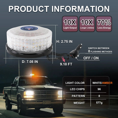 Top Shelf Led Roof Top Warning Light Amber And White 12V 24V Truck Strobe Beacon with magnetic mount on a truck in use.