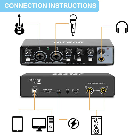 Diagram showing connections for 2x2 USB Audio Interface With Phantom Power, 24-Bit/192kHz Recording Card For Home Studio Vocals.