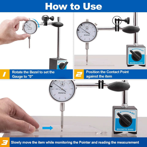 Front and side views of Spurtar dial indicator with magnetic base mounted on an adjustable stand.