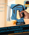 Side view of a Two In One Cordless Nail Gun And Five Eighths Inch Angle Grinder Kit With Two 2Ah Batteries For Woodworking And Grinding A Handy All In One Cordless Power Tool Set For DIY Projects And Pro Jobs, handheld showing force adjustment settings.