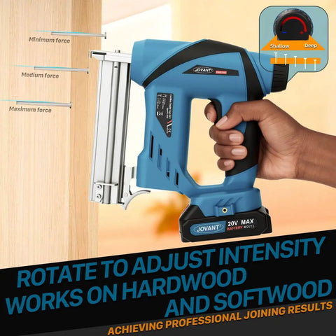 Side view of a Two In One Cordless Nail Gun And Five Eighths Inch Angle Grinder Kit With Two 2Ah Batteries For Woodworking And Grinding A Handy All In One Cordless Power Tool Set For DIY Projects And Pro Jobs, handheld showing force adjustment settings.