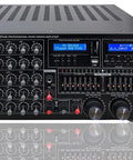 Front view of KA-3000ProII 3000W Karaoke Mixing Amplifier with controls, display, and remote, featuring DJ KJ Console and connections.